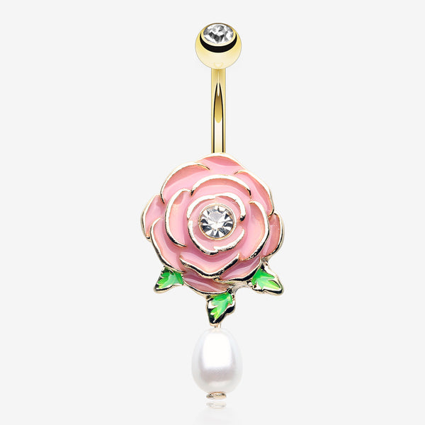 Golden Pink Full Blossom Rose Pearlescent Belly Button Ring-Clear Gem
