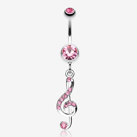 G Clef Music Note Sparkle Belly Ring-Light Pink