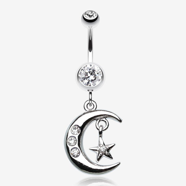 Glistening Moon and Star Belly Button Ring-Clear Gem