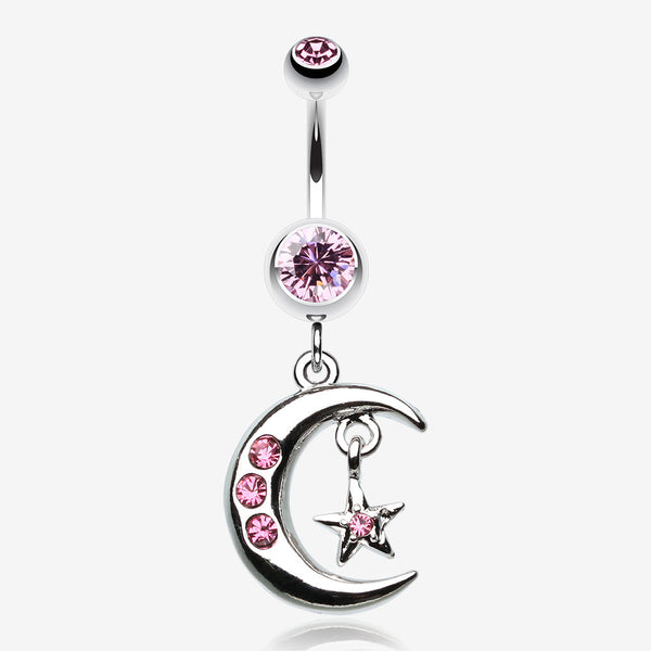 Glistening Moon and Star Belly Button Ring-Light Pink