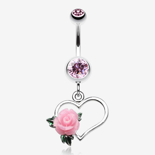 Glittering Sweet Heart with Rose Belly Button Ring-Light Pink