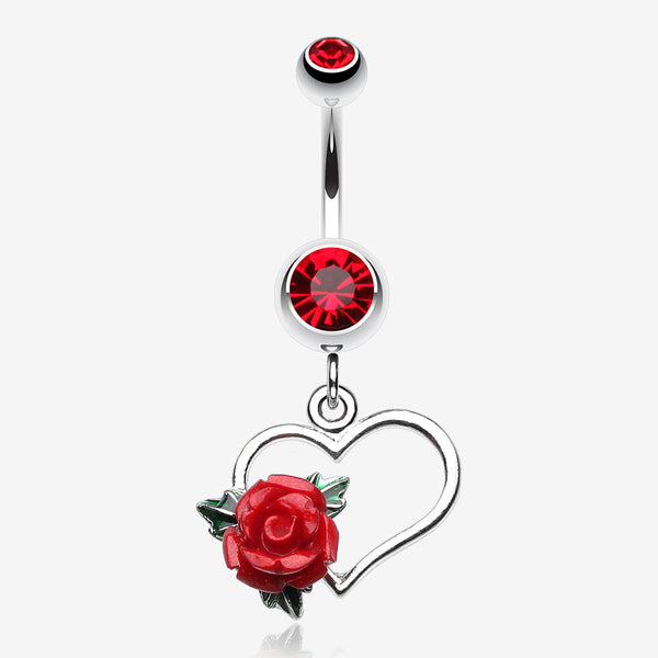 Glittering Sweet Heart with Rose Belly Button Ring-Red