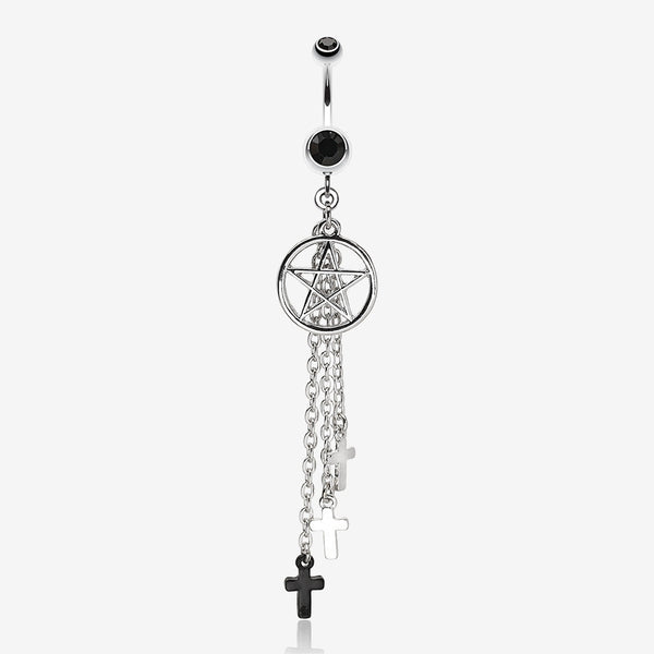 Pentagram Triple Cross Charm Dangle Belly Ring-Black