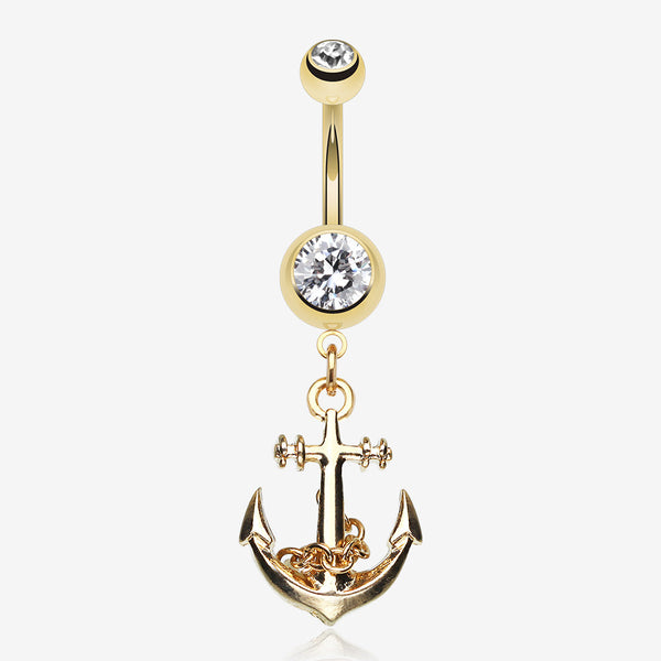 Golden Classic Anchor Belly Ring-Clear Gem
