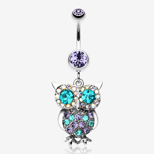 Jeweled Sparkling Owl Dangle Belly Ring-Tanzanite