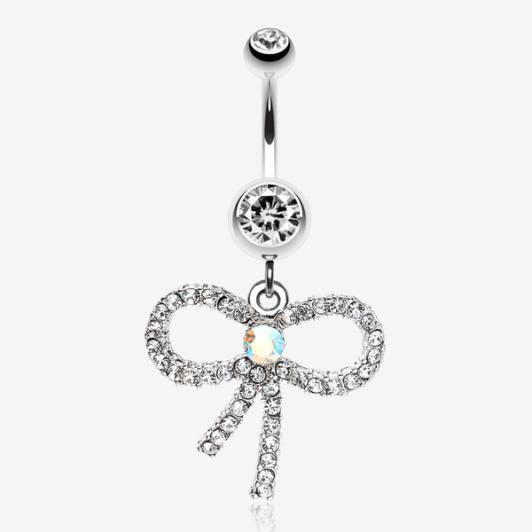 Sparkling Ribbon Dangle Belly Ring-Clear Gem