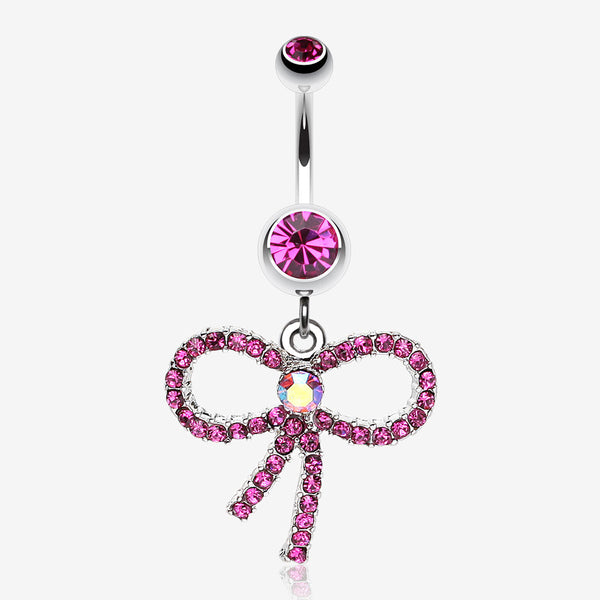 Sparkling Ribbon Dangle Belly Ring-Fuchsia