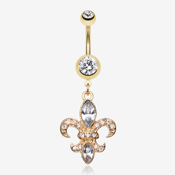 Golden Fleur de Lis Belly Ring-Clear Gem