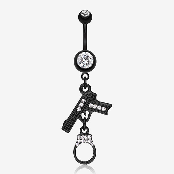 Blackline Handgun & Cuff Sparkle Belly Ring-Clear Gem