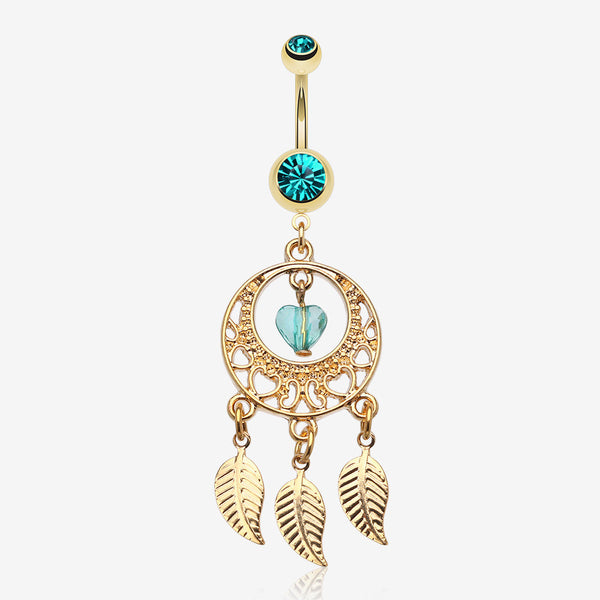 Golden Heart Dream Catcher Belly Ring-Teal