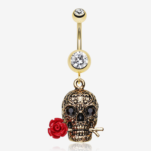 Golden Skull Rose Belly Ring-Clear Gem