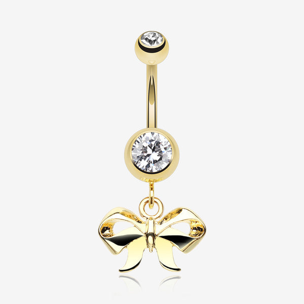 Golden Dainty Bow Tie Belly Button Ring-Clear Gem