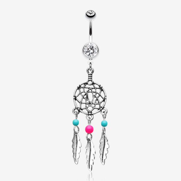 Classic Beaded Dreamcatcher Belly Button Ring-Clear Gem/Pink
