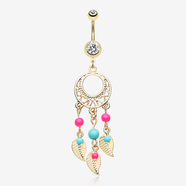 Golden Enchanted Dream Catchers Belly Button Ring-Clear Gem