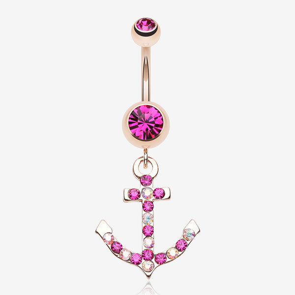 Rose Gold Anchor Gem Sparkle Belly Button Ring-Fuchsia/Aurora Borealis