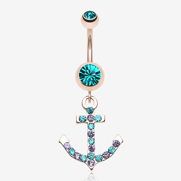 Rose Gold Anchor Gem Sparkle Belly Button Ring-Teal/Tanzanite