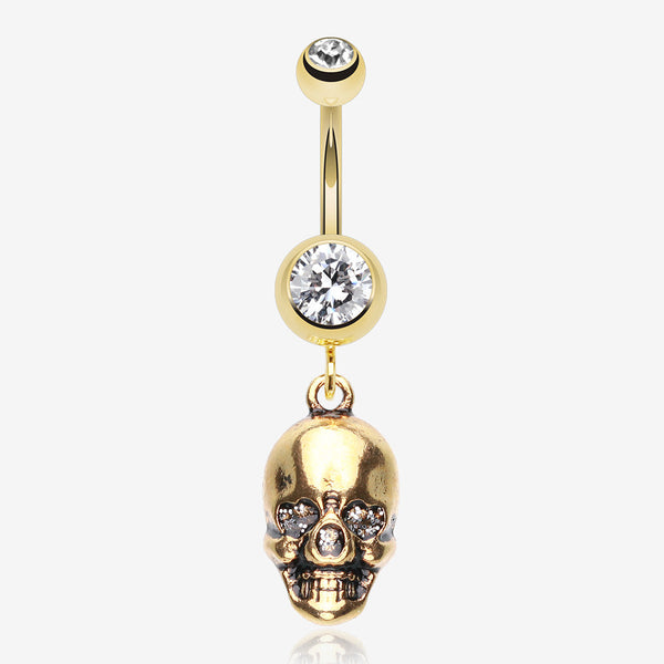 Golden Skull Amour Belly Button Ring-Clear Gem