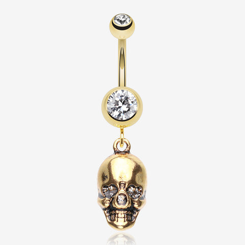 Golden Skull Amour Belly Button Ring-Clear Gem