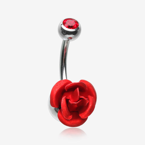 Bright Metal Rose Blossom Belly Button Ring-Red