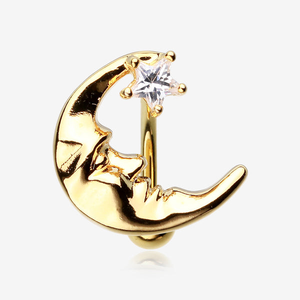 Golden Crescent Moon Shine Reverse Belly Button Ring-Clear Gem