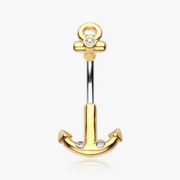 Golden Classic Anchor Dock Belly Button Ring-Clear Gem