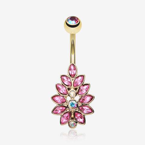 Golden Gisela Leaflet Multi-Gem Belly Button Ring-Pink/Aurora Borealis