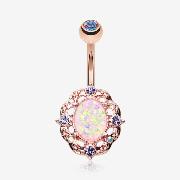 Rose Gold Florid Opal Sparkle Belly Button Ring-Aurora Borealis/Tanzanite