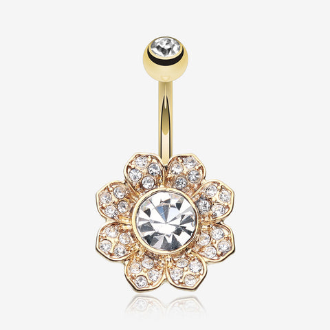 Golden Avens Flower Sparkle Belly Button Ring-Clear Gem