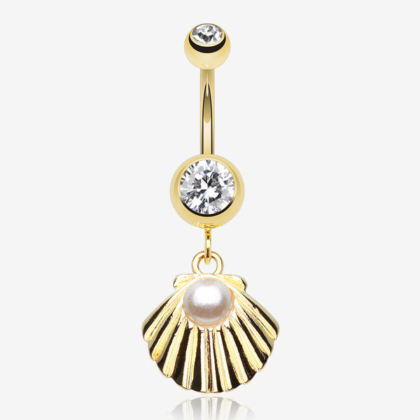 Golden Ariel's Shell Dangle Belly Button Ring-Clear Gem