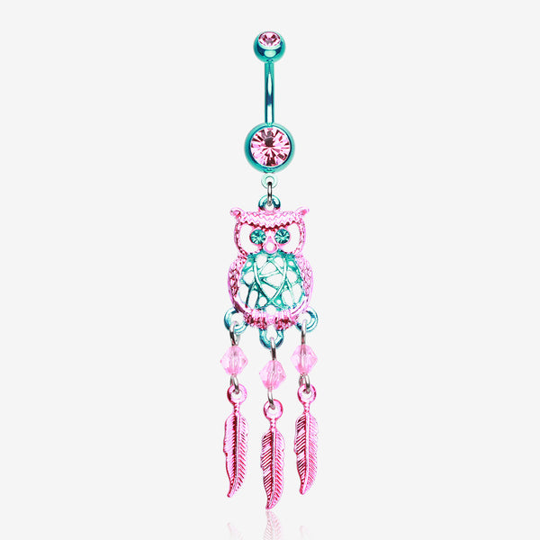 Colorline Guardian Owl Dreamcatcher Belly Button Ring-Teal/Pink
