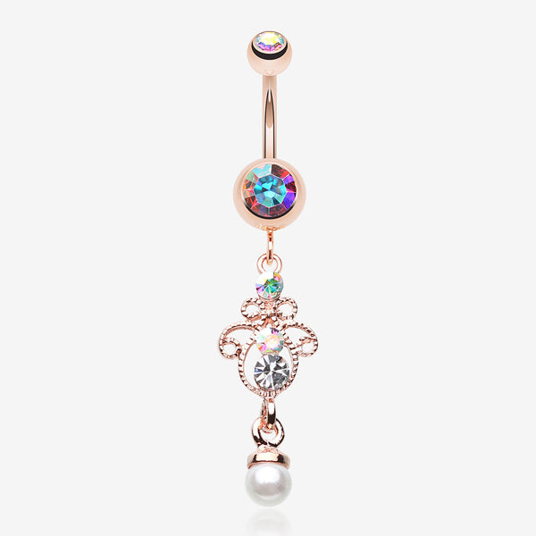 Rose Gold Elegant Jeweled Pearl Dangle Belly Button Ring-Aurora Borealis
