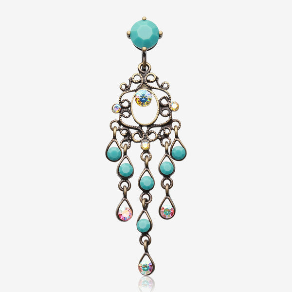 Vintage Boho Chandelier Reverse Belly Button Ring-Brass/Aurora Borealis/Turquoise