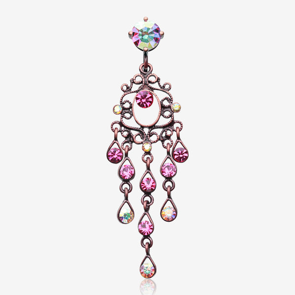 Vintage Boho Chandelier Reverse Belly Button Ring-Copper/Aurora Borealis/Fuchsia