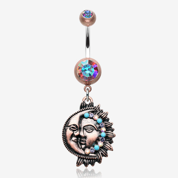 Vintage Boho Sun & Moon Belly Button Ring-Copper/Aurora Borealis