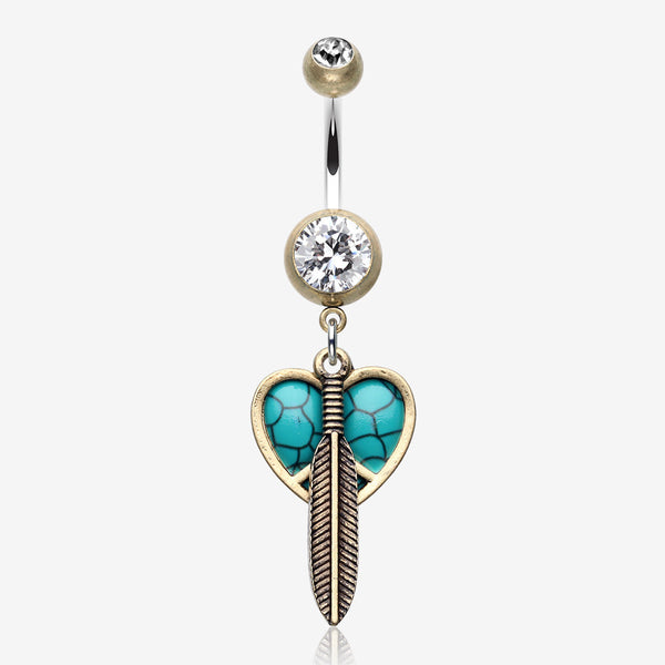 Vintage Boho Peace Heart with Feather Belly Button Ring-Brass/Clear/Turquoise
