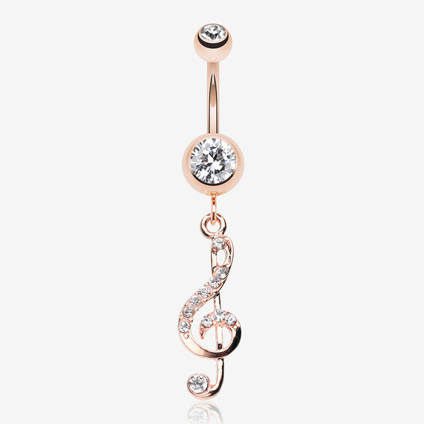 Rose Gold G Clef Sparkle Belly Button Ring-Clear Gem
