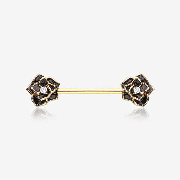 A Pair of Golden Rose Sparkle Nipple Barbell Ring-Black/Clear