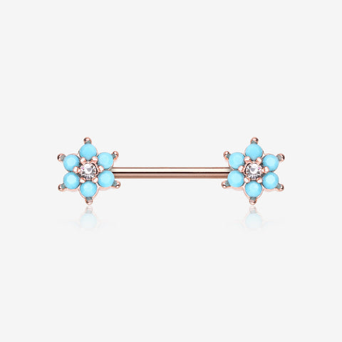 A Pair of Rose Gold Turquoise Spring Flower Sparkle Nipple Barbell