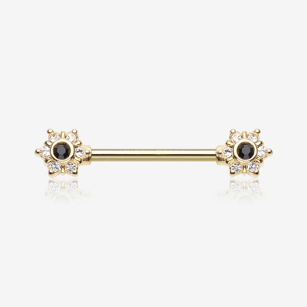 A Pair of Golden Brilliant Sparkle Spring Flower Nipple Barbell-Clear Gem/Black