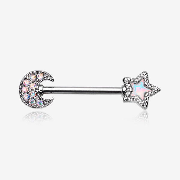 A Pair of Iridescent Aurora Sparkle Moon & Star Nipple Barbell-Aurora Borealis