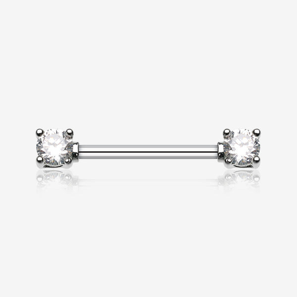 A Pair of Double Prong Gem Nipple Barbell Ring-Clear Gem