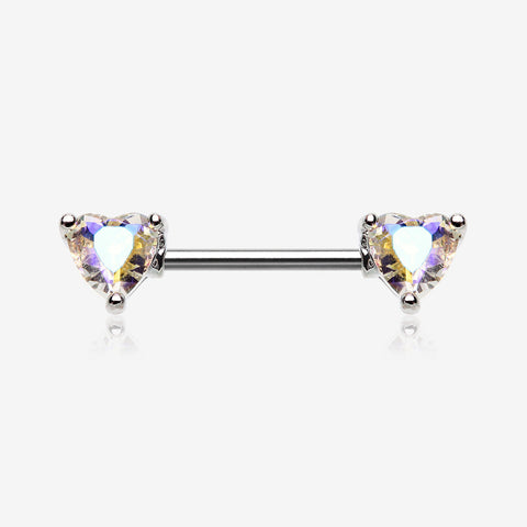 A Pair of Iridescent Heart Sparkle Nipple Barbell-Aurora Borealis