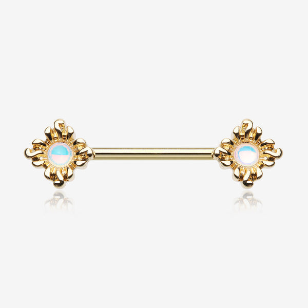 A Pair of Golden Blazing Sun Iridescent Revo Sparkle Nipple Barbell