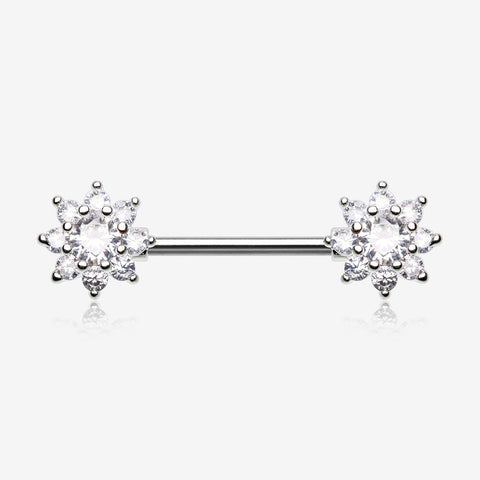 A Pair of Glistening Sparkle Flower Multi-Gem Nipple Barbell-Clear Gem