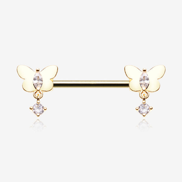 A Pair of Golden Butterfly Sparkle Dangle Sparkle Nipple Barbell-Clear Gem