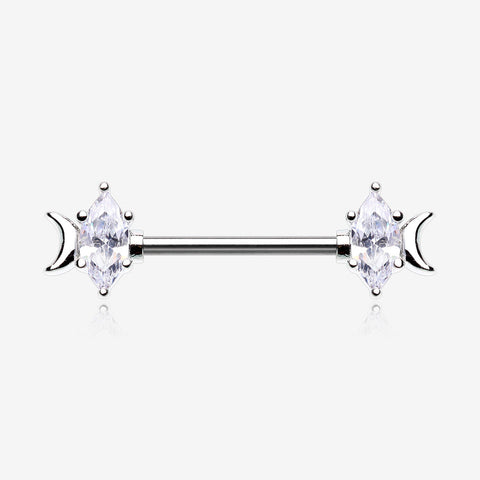 A Pair of Crescent Moon Phase Marquise Sparkle Nipple Barbell-Clear Gem