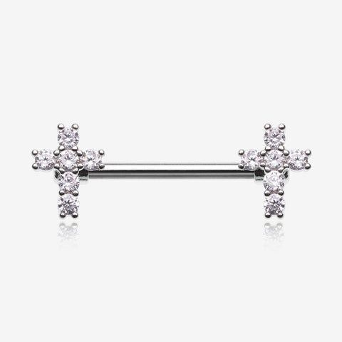 A Pair of Brilliant Sparkle Cross Multi-Gem Nipple Barbell-Clear Gem