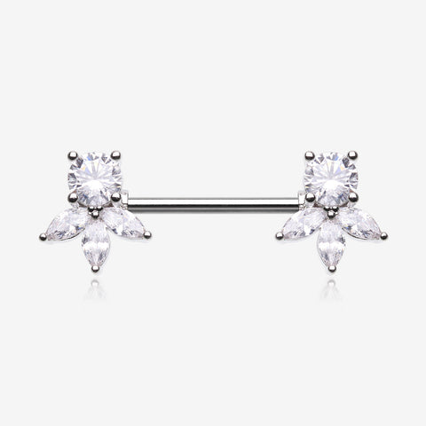 A Pair of Floral Elegance Sparkle Multi-Gem Nipple Barbell-Clear Gem