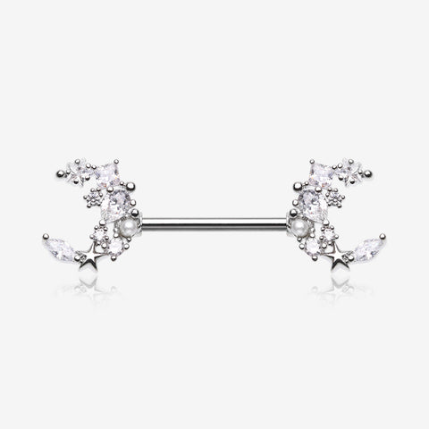 A Pair of Celestial Sparkle Crescent Moon Array Nipple Barbell-Clear Gem