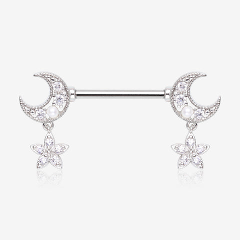 A Pair of Sparkle Crescent Moon Twinkle Dangle Nipple Barbell-Clear Gem
